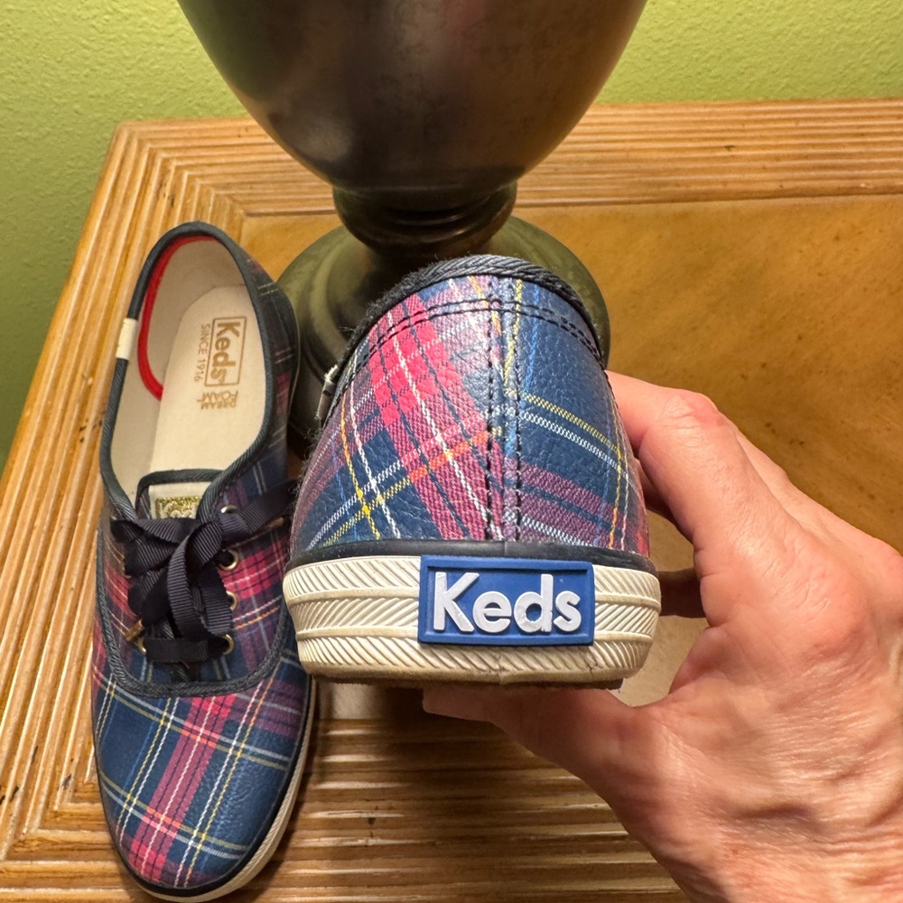 Keds Plaid Canvas Sneakers in Navy, Pink & Yellow - Picture 2 of 5